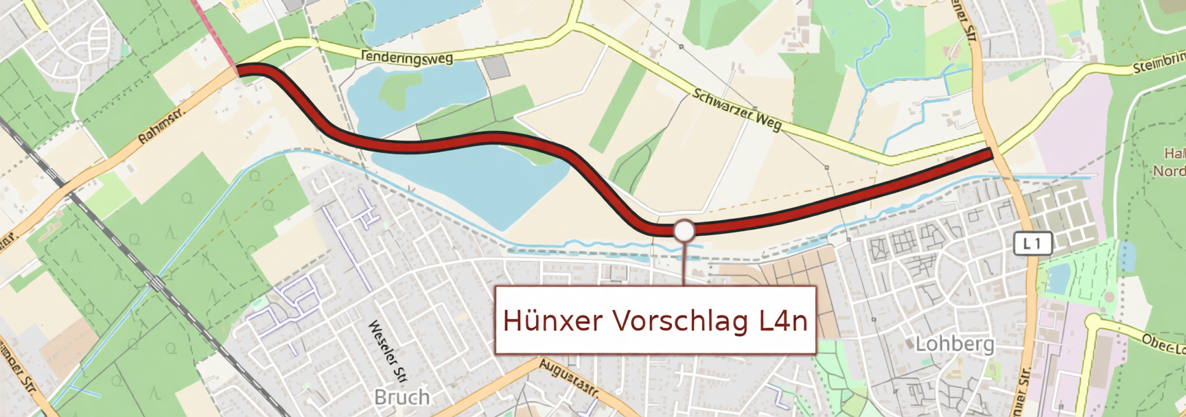 Kartenausschnitt mit dem Hünxer Vorschlag der L4n zwischen Lohberg und Tenderingssee